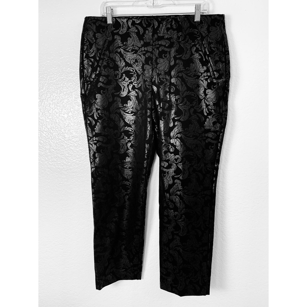 Chico's Juliet Pants Women 2.5R 14R Black Silver Damask Brocade Metallic Slim